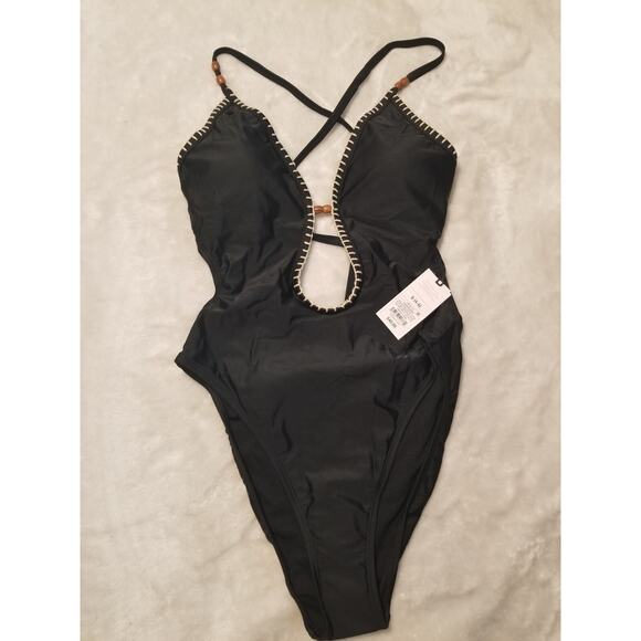 Shade & Shore Plunge Bead Detail Extra High Leg One Piece Swimsuit Women Small - Picture 1 of 9